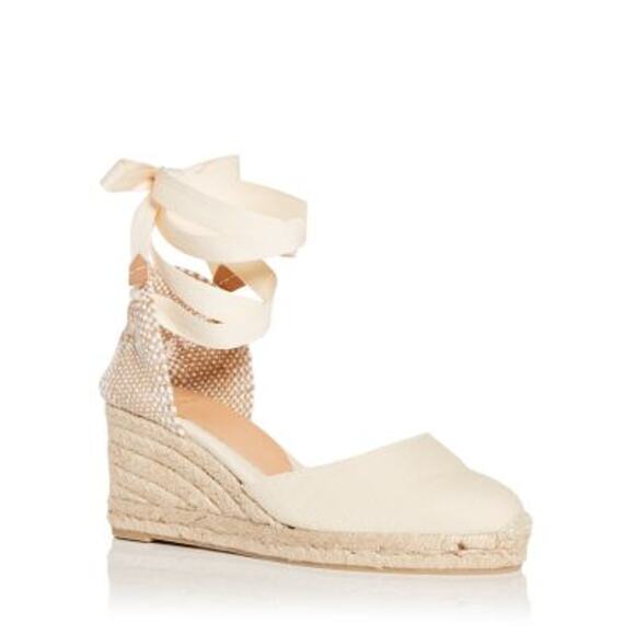 Casta�er 'Carina' Beige Straw Ankle Tie Espadrille Wedge Sandals Size 36 - NWT - Picture 1 of 5